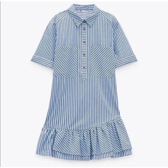 EUC Zara Blue White Striped Mini Shirtdress Size M Ruffle Hem Cotton Poplin - Picture 4 of 16